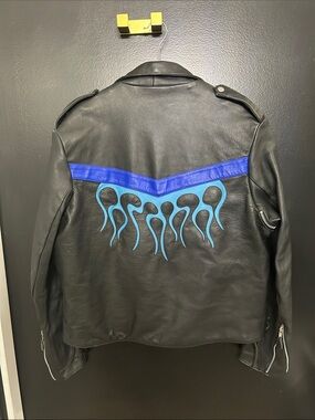 Black Leather Bomber Jacket with Blue Chevron and Teal Flame Appliqué